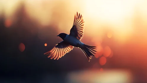 Graceful bird in flight against glowing sunset, soft bokeh style.