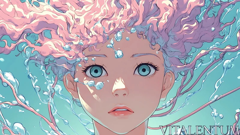 Anime portrait with aquatic motion and pastel chromatic detailing.