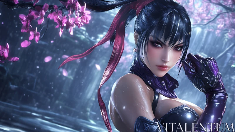 Fantasy female warrior in cherry blossom forest at night.