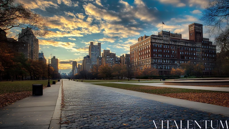 Quiet city park avenue under a glowing autumn evening sky.