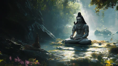 Gentle stone deity rests in quiet forest riverside light