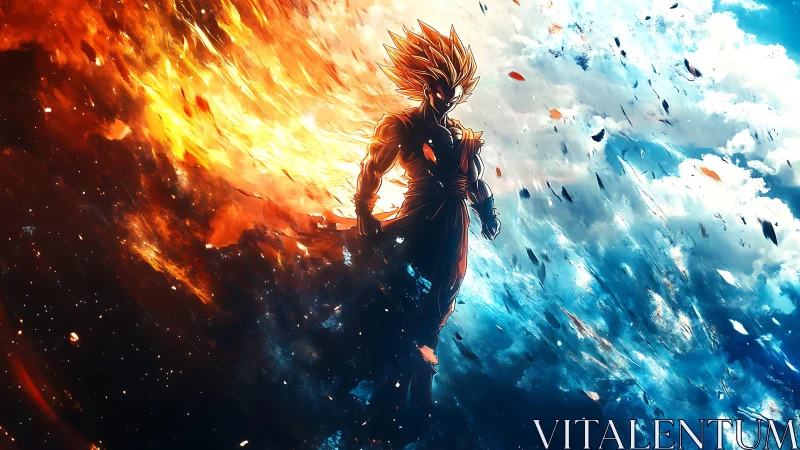 Fiery anime warrior silhouette against split sky backdrop.