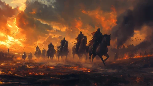Armored riders charge through apocalyptic burning battlefield.