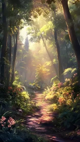 Enchanted Forest Path Glowing with Golden Sunlight.