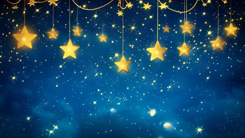 Golden hanging stars glow softly in a dreamy midnight sky