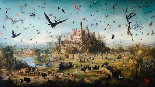 Enchanted citadel amid teeming bestiary and swirling skies.