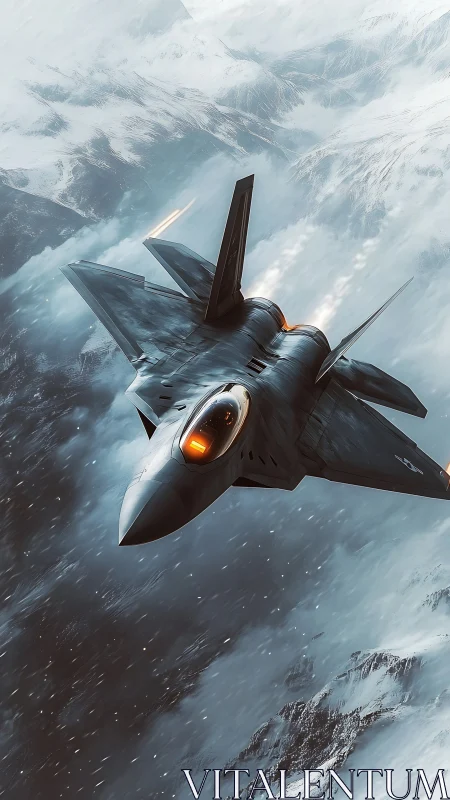 Stealth fighter jet descends through icy alpine canyons