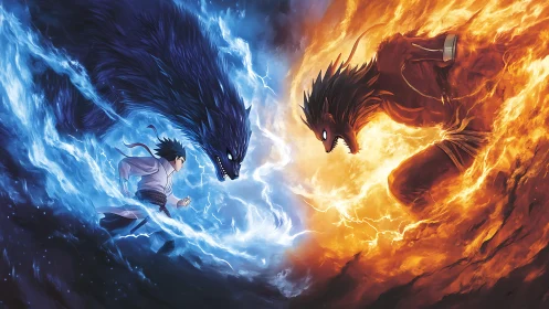 Elemental warriors clash as fire and lightning beasts collide.