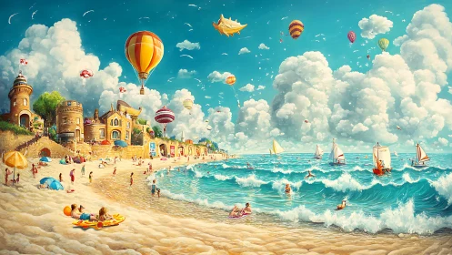 Whimsical seaside city under bright balloons and clouds.