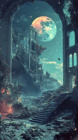 Ruined lunar basilica under bioluminescent celestial tide.