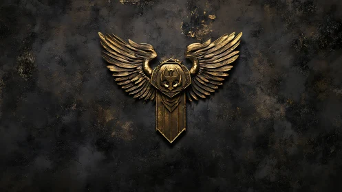 Winged war sigil forged in burnished gold against shadowed stone.