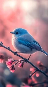 Pastel blue songbird perches on flowering branch in shallow focus