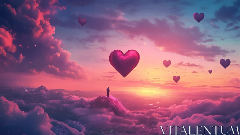 Luminous Digital Sky with Floating Heart Forms Against Gradient Sunset