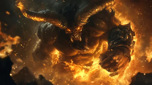 Horned inferno titan surging through molten fury storm.