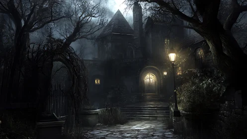 Lanternlit Gothic Manor Brooding Beneath a Moonfed Fog.