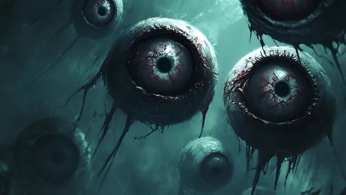 Drifting eldritch eyes in a cold abyssal voidscape.