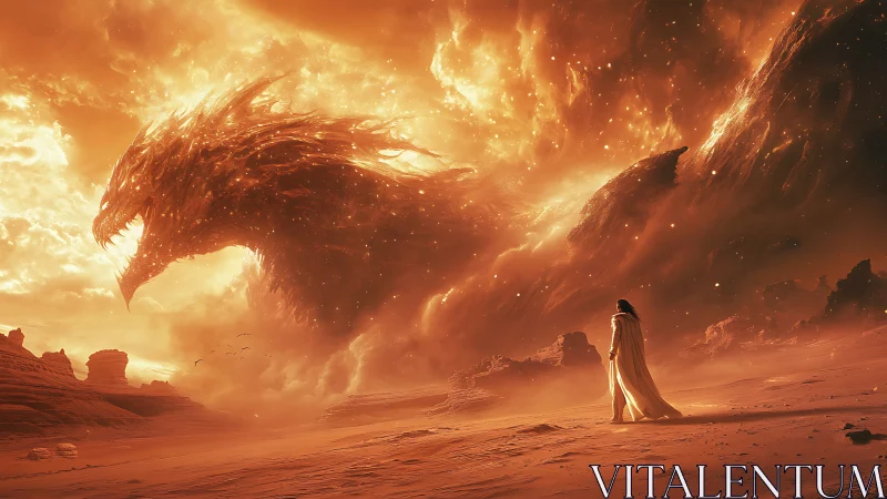 Lone wanderer confronts colossal cosmic dragon in burning sky