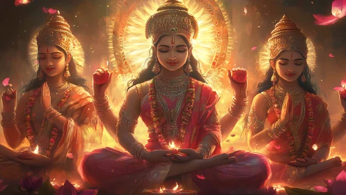 Radiant trinity of goddesses in luminous lotus firelight.