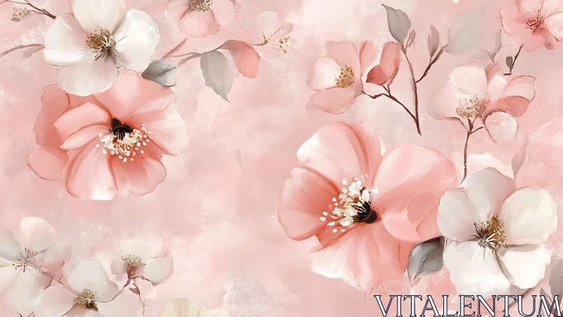 Delicate Pink and White Floral Composition with Watercolor Rendering