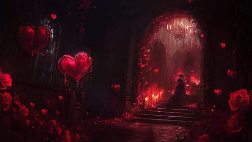 Gothic Romance Chamber: Neon Hearts and Chandelier Glow.