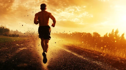 Backlit runner sprints along rural road through golden sunset