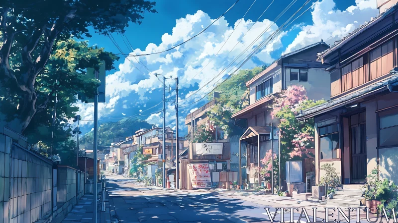 Sunlit Japanese street scene rendered in high-detail digital anime