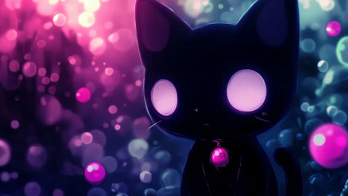 Dreamy glowing-eyed black cat in a soft neon wonderland.