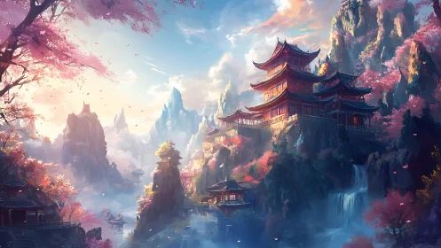 Layered mountain temples under volumetric light and cherry bloom