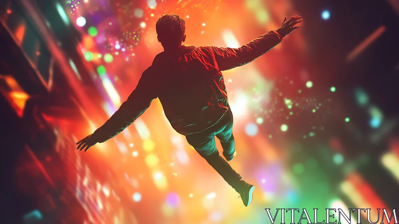 Bold dreamer soars through glowing city lights at night