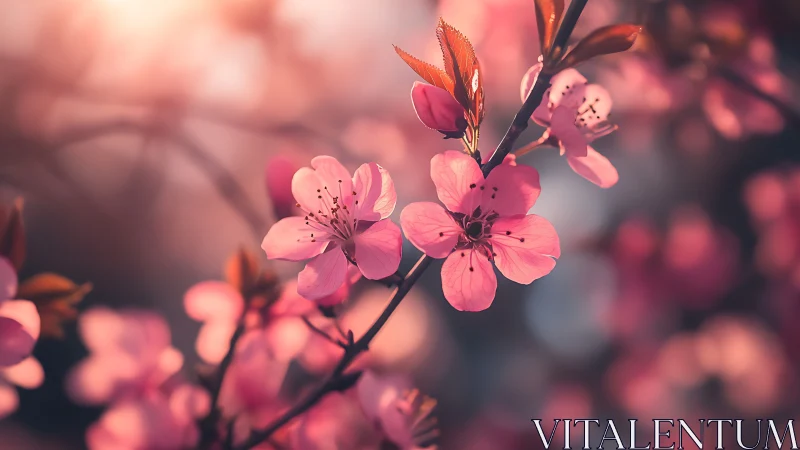 Pink blossoms with selective focus render shallow depth of field through bokeh diffusion