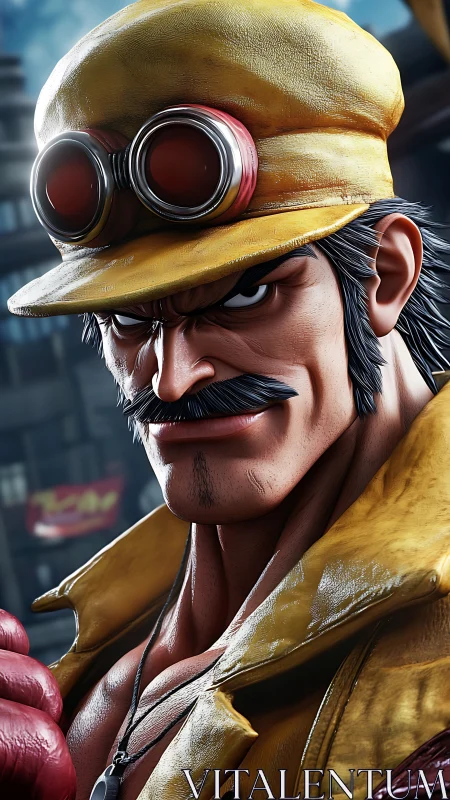 Close-up render shows muscular man in yellow cap and goggles