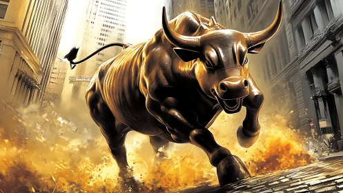 Bronze bull sculpture rendered in dynamic urban street scene