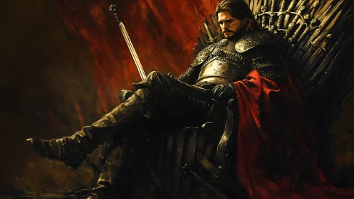 Battle-weary king resting on a jagged iron throne.