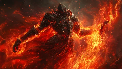 Armored humanoid figure engulfed in dynamic orange flames.