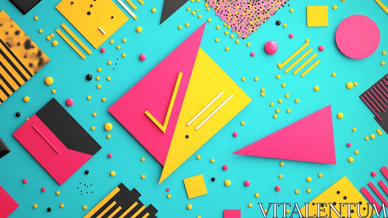 Vibrant geometric memphis layout over cyan backdrop.