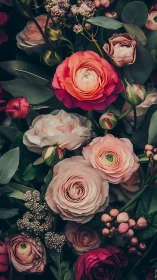 Layered floral arrangement with ranunculus blooms and eucalyptus foliage.
