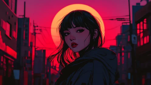 Neon-lit city sunset frames a pensive girl in bold hues