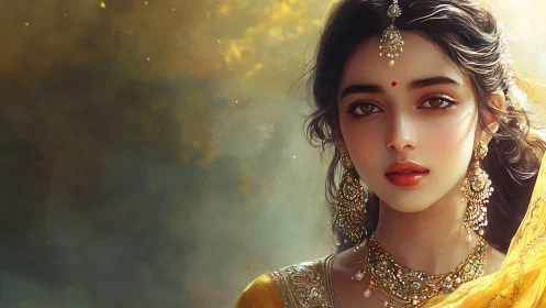 Golden gaze of a jeweled muse in soft glowing light.