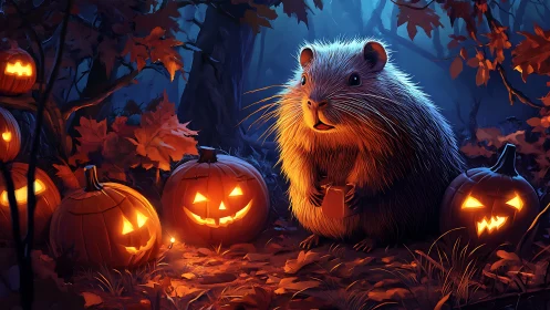 Rodent holds cup among illuminated jack-o-lanterns at dusk