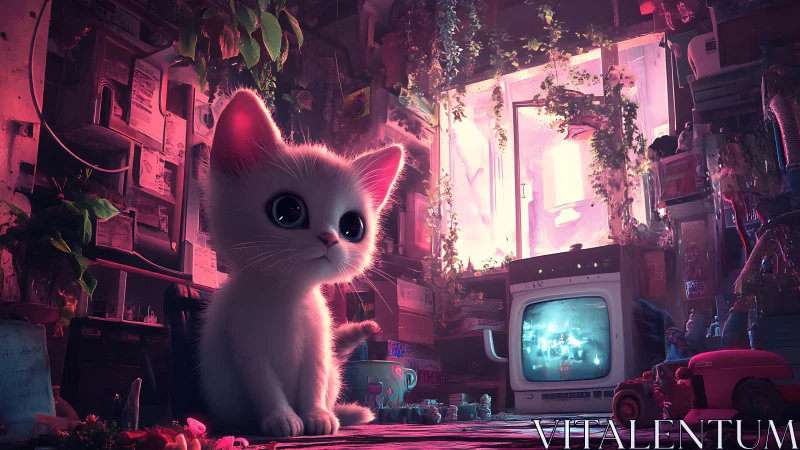 White kitten sits in neon lit cluttered room with old TV