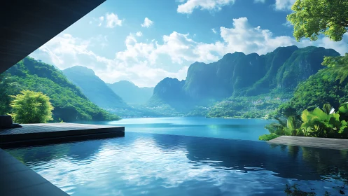 Modern infinity pool overlooking calm tropical lake vista.