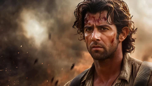 Wounded soldier stands in smoke with intense determined stare.