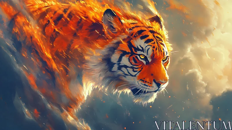 Tiger head emerges through swirling fire and smoke clouds