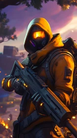 Hooded ember sentinel stalks twilight ruins with glowing rifle