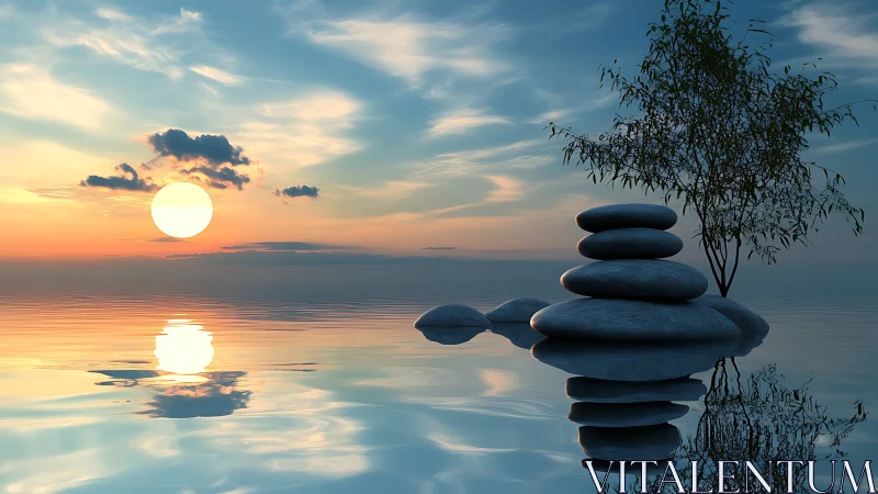 Stone towers sip the last sunlight over glasslike water