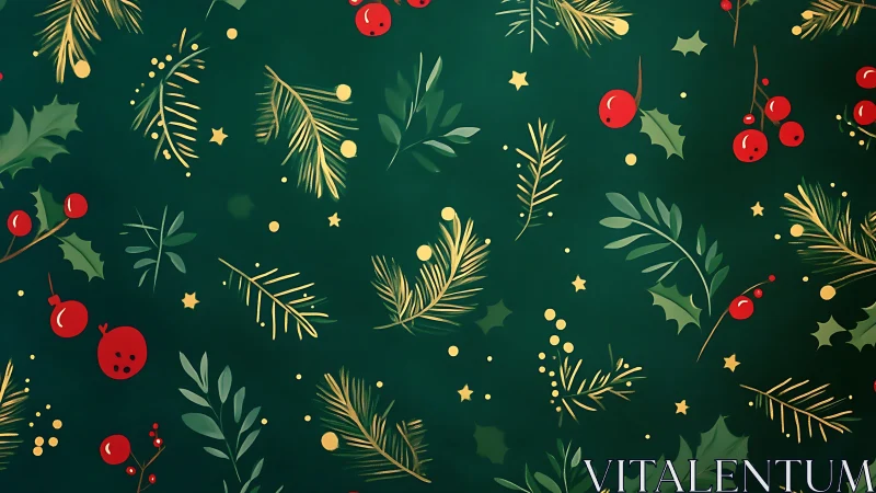 Green background with stylized festive foliage and berries pattern.