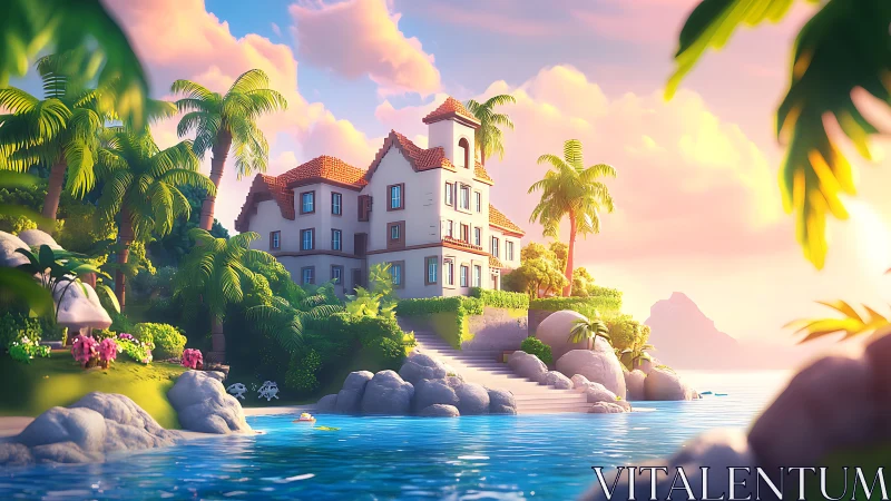 Mediterranean Villa with Red Tile Roof Overlooking Crystalline Azure Waters. Rendered.