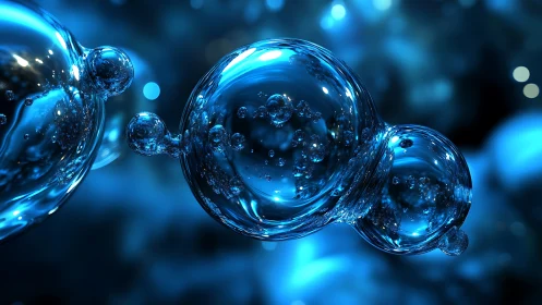 Glistening blue liquid spheres in luminous abstract space.
