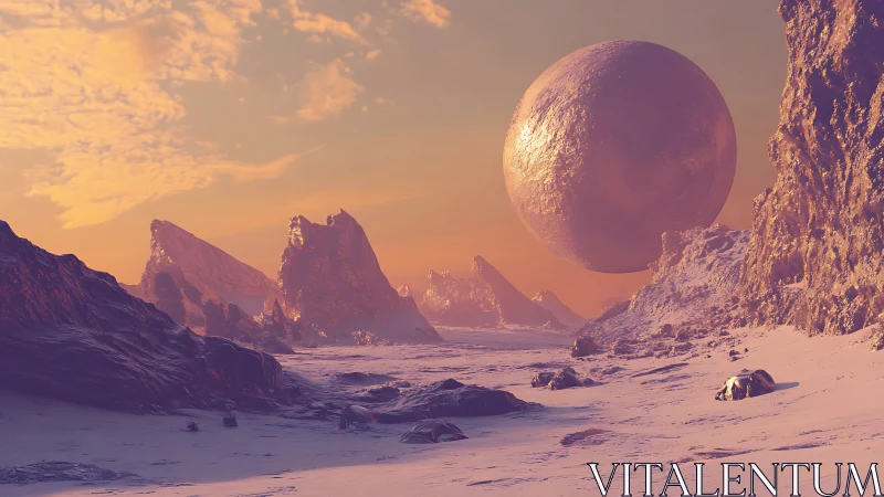 Soft sunset over a floating alien moon and icy canyon.