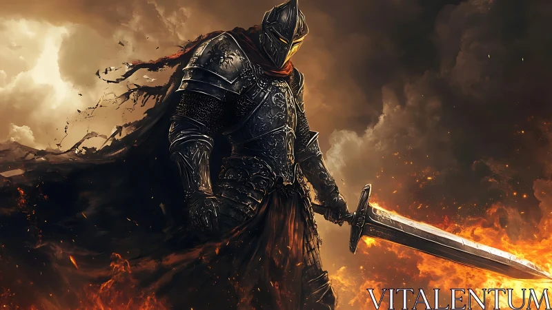 Armored dark knight stands amid flames in dramatic chiaroscuro
